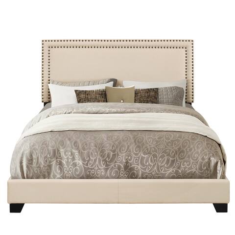 Cream Queen Size Upholstered Bed with Nail head Trim