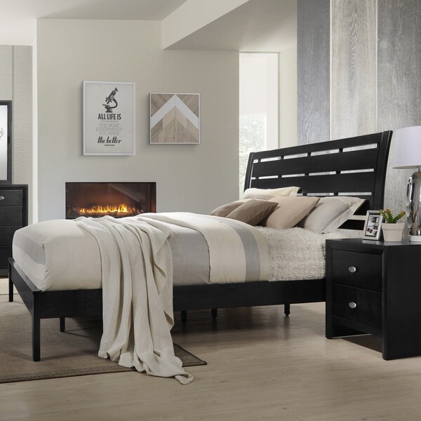 Mirror Night Stand Roundhill Furniture Gloria Black Finish Wood Bed Room Set Queen Bed Dresser