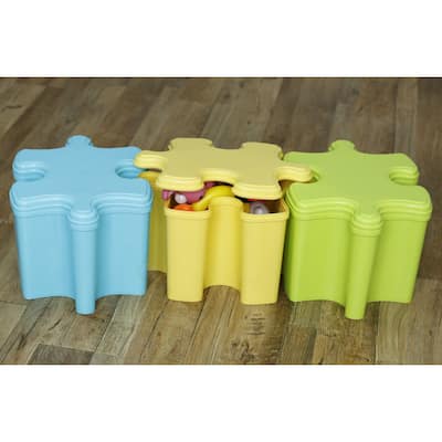 Set of Three Puzzle Piece Shaped Toy Storage Containers with Lids in 3 Colors, Blue, Green, and Yellow