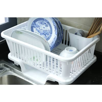 2-Piece Plastic Dish Drying Rack Set in White - Includes Large Dish Drainer, Attached Drainboard, and Utensil Cup Holders