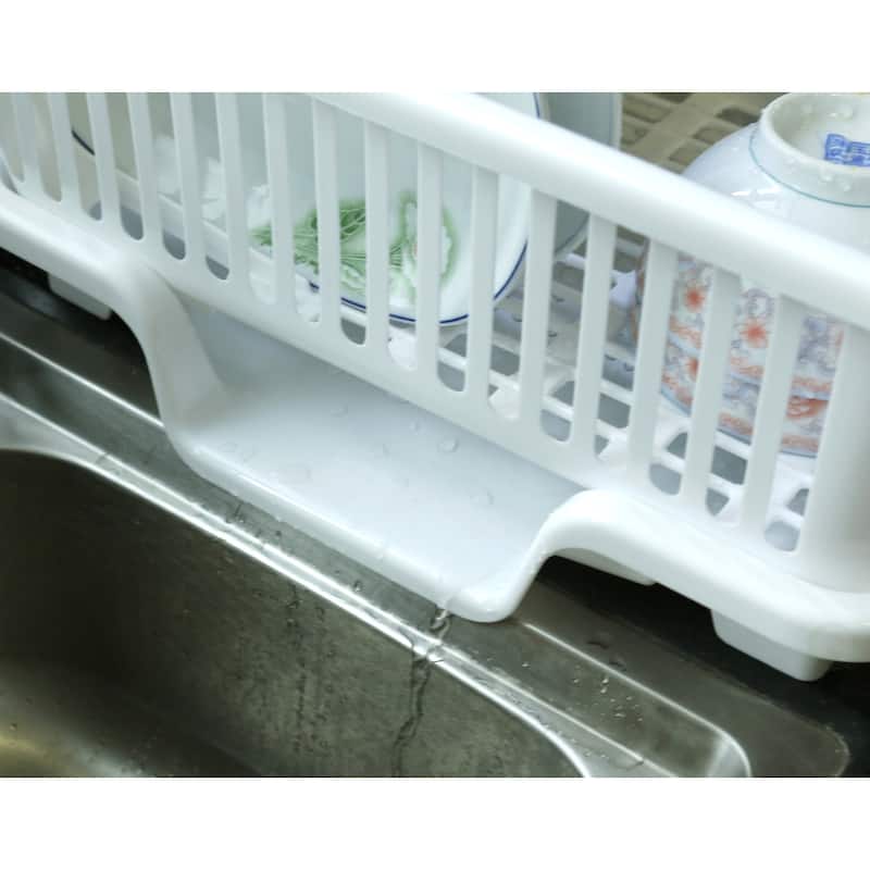 2-Piece Plastic Dish Drying Rack Set in White - Includes Large Dish Drainer, Attached Drainboard, and Utensil Cup Holders