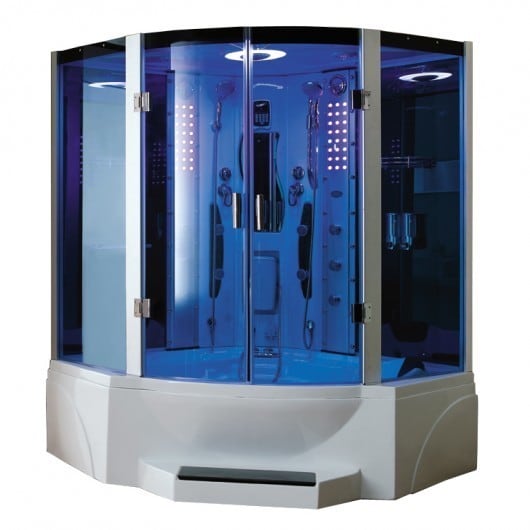 Luxury 2-person Corner Steam Shower with Jetted Massage Tub, Bench, FM Radio with MP3 and Dual Shower Wands