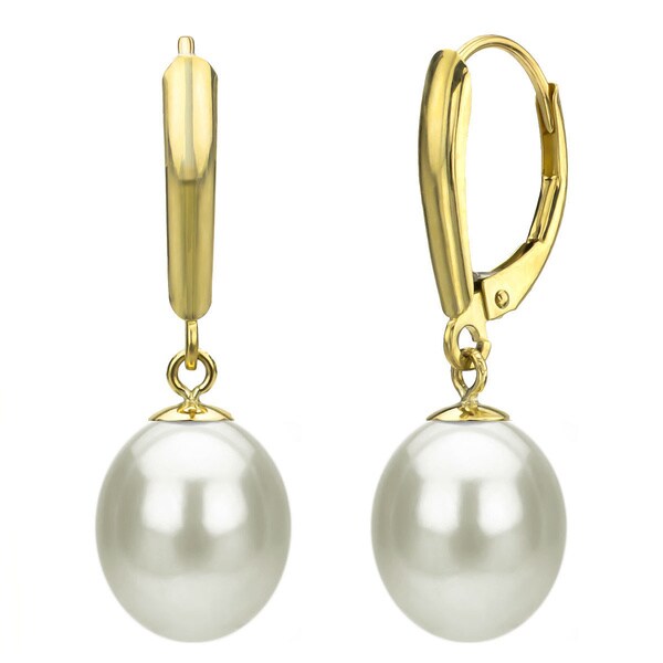 Shop DaVonna14k Yellow Gold White Freshwater Pearl Leverback Earrings ...