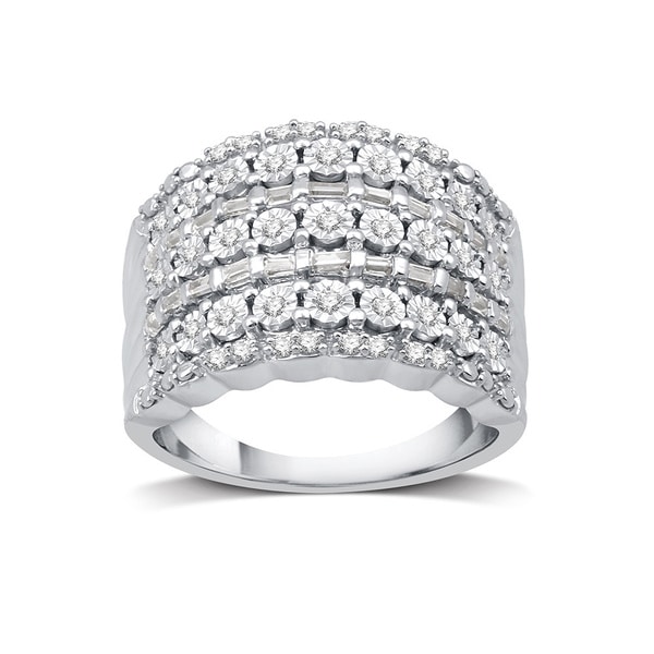 1/2 CTTW Round & Baguette Diamond Fashion Band In Sterling Silver (I-J, I2/I3) - White I-J