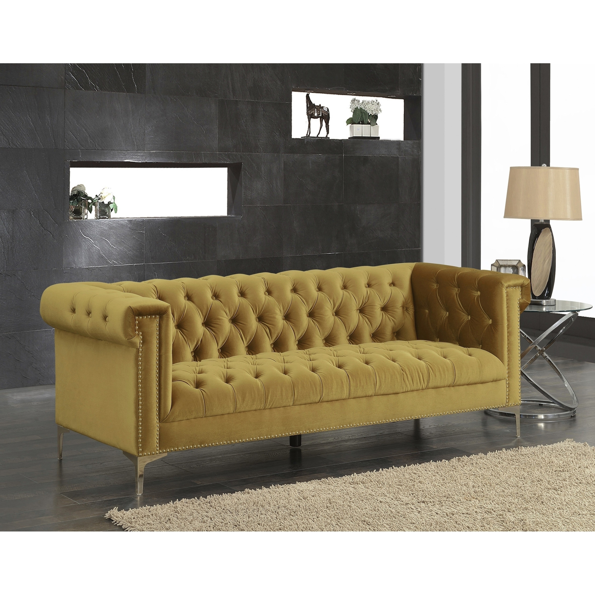 Chic Home Vanessa Velvet Goldtone Metal Y Leg Sofa Cognac