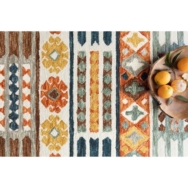 Hand Hooked Rust Blue Boho Wool Area Rug With Fringe Hand Hooked Rust Blue Boho Wool Area Rug With Fringe