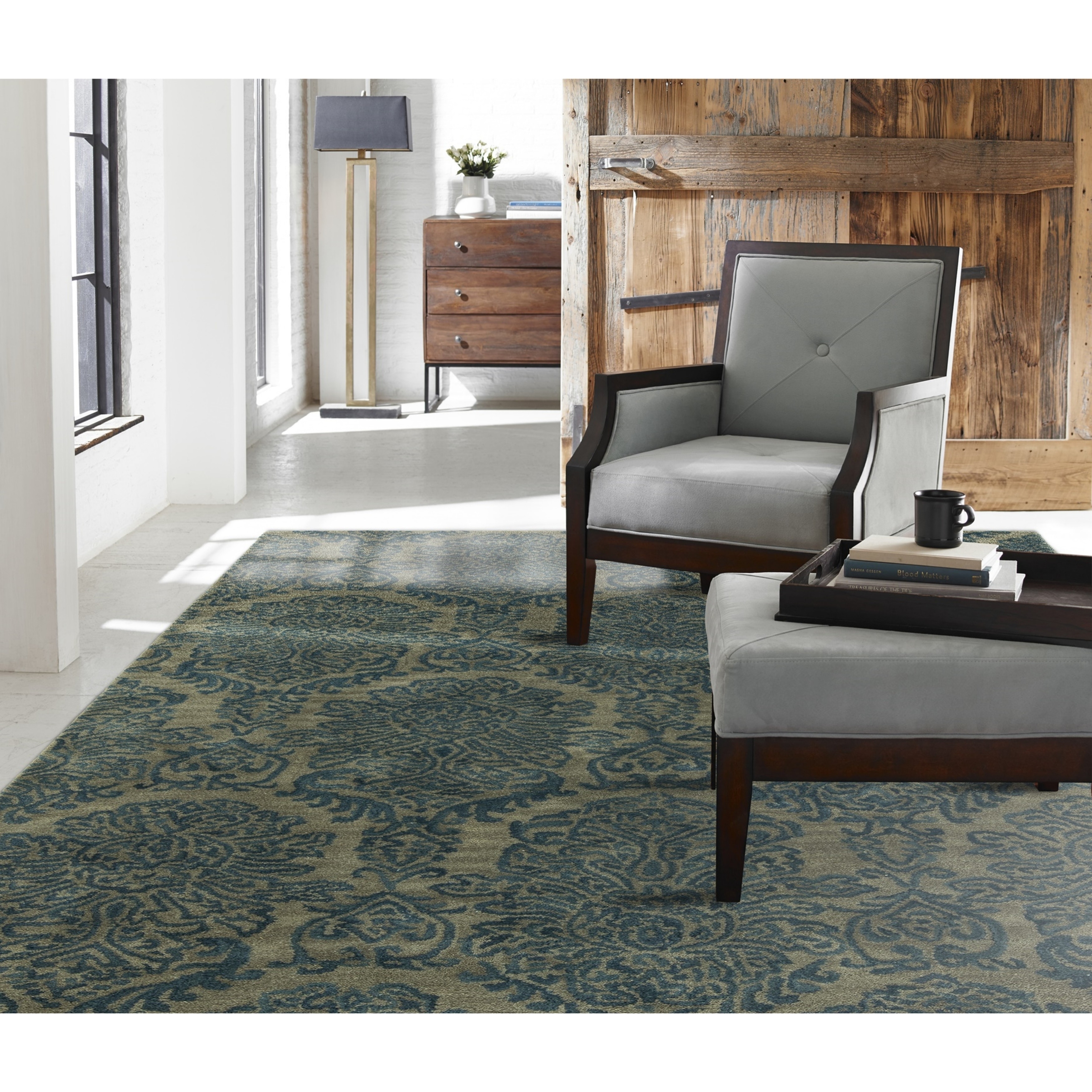 KALATY Seville Blue Wool/Viscose Hand-tufted Damask Area Rug