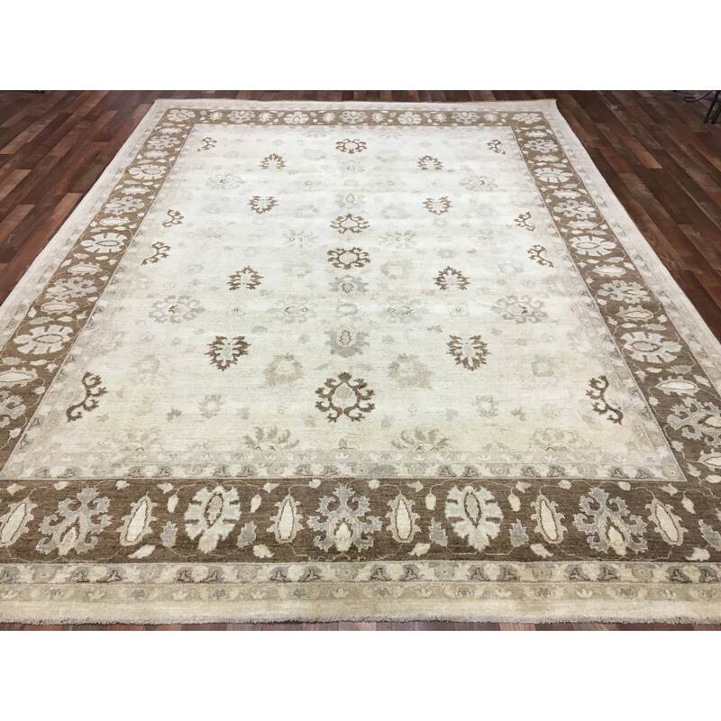 FineRugCollection Pakistan Peshawar Brown and Beige Wool Handmade Oriental Rug