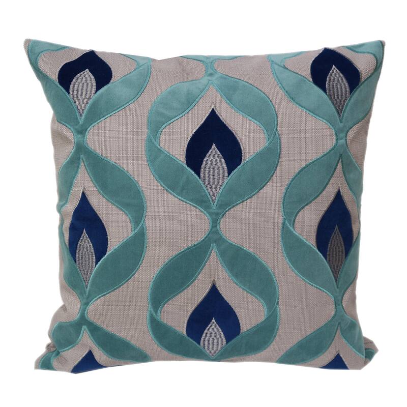 Embroidered Applique Linen Poly Green, Blue and Teal Rozendale Throw Pillow