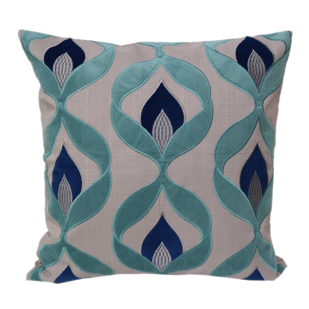 Embroidered Applique Linen Poly Green, Blue and Teal Rozendale Throw Pillow