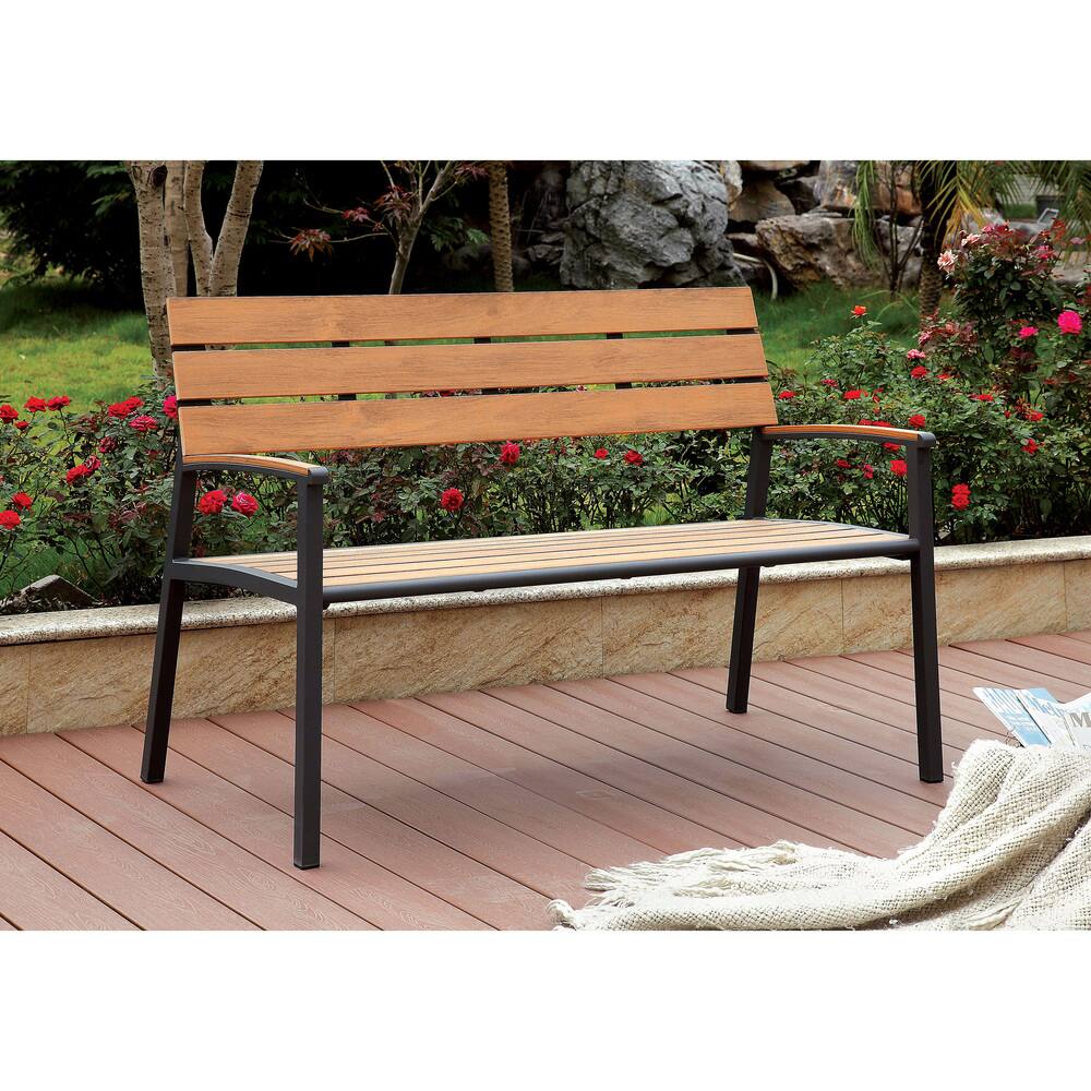 Jory Contemporary Metal Slatted Curved Armrest Outdoor Bench by Furniture of America
