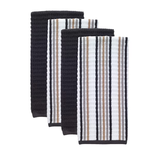 slide 2 of 6, T-fal Textiles 4 Pack Solid & Stripe Waffle Terry Kitchen Dish Towel Set Neutral Charcoal