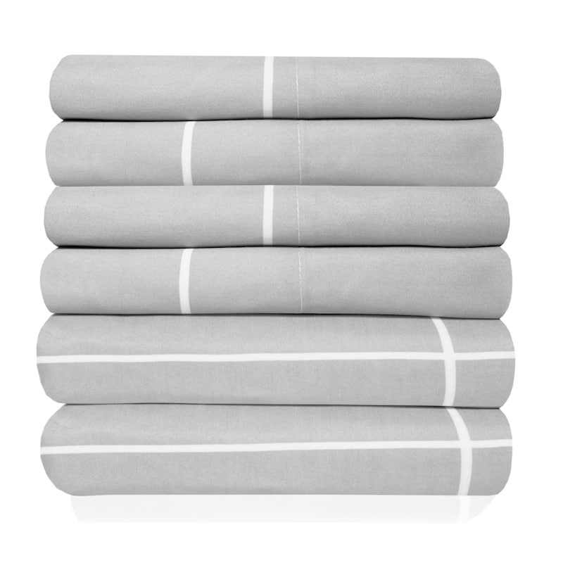 6 Piece Loft Collection Modern Classic Pinstripe Bed Sheet Sets - Twin - Windowpane Grey