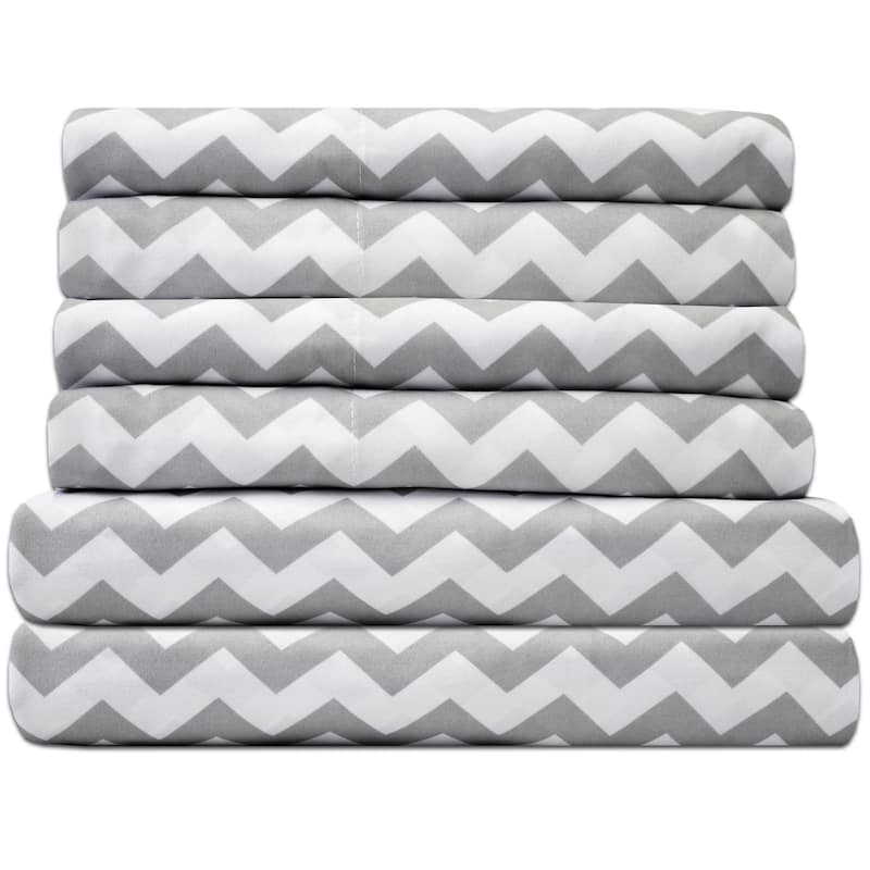 6 Piece Chevron Stripe Print Bedroom Bed Sheet Set- Grey