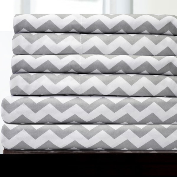 6 Piece Chevron Stripe Print Bedroom Sheet Set- Grey