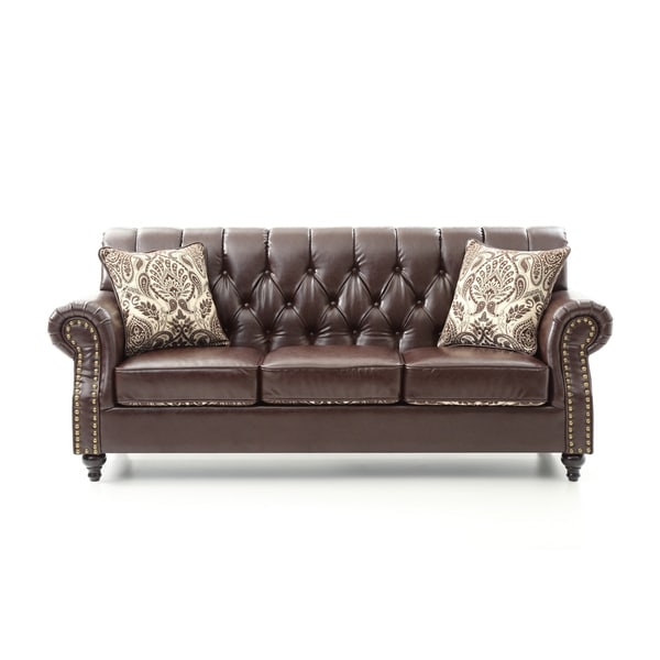 Lyke Tufted Chocolate Brown Faux Leather Sofa Ships