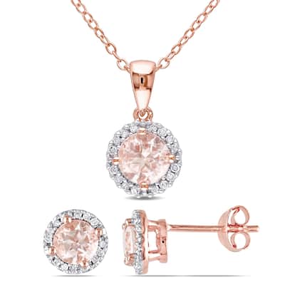 Miadora Rose Plated Sterling Silver Morganite and 1/6ct TDW Diamond Halo 2-Piece Necklace and Stud Earrings Set - Pink