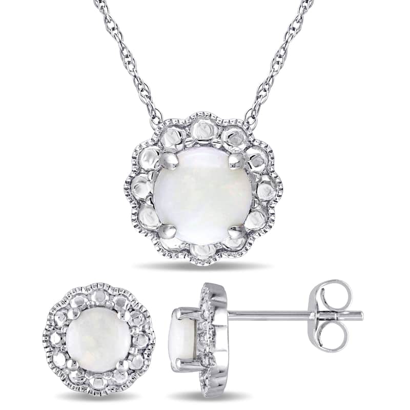Miadora 10k White Gold Opal Flower Halo 2-Piece Necklace and Stud Earrings Set