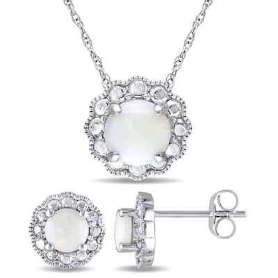 Miadora 10k White Gold Opal Flower Halo 2-Piece Necklace and Stud Earrings Set