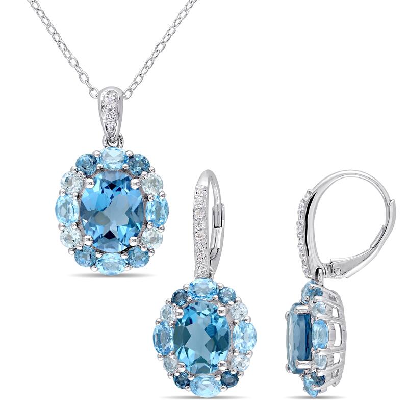 Miadora Sterling Silver London Swiss and Sky-Blue Topaz with White Topaz Cluster Halo Necklace and Earrings Set - Blue