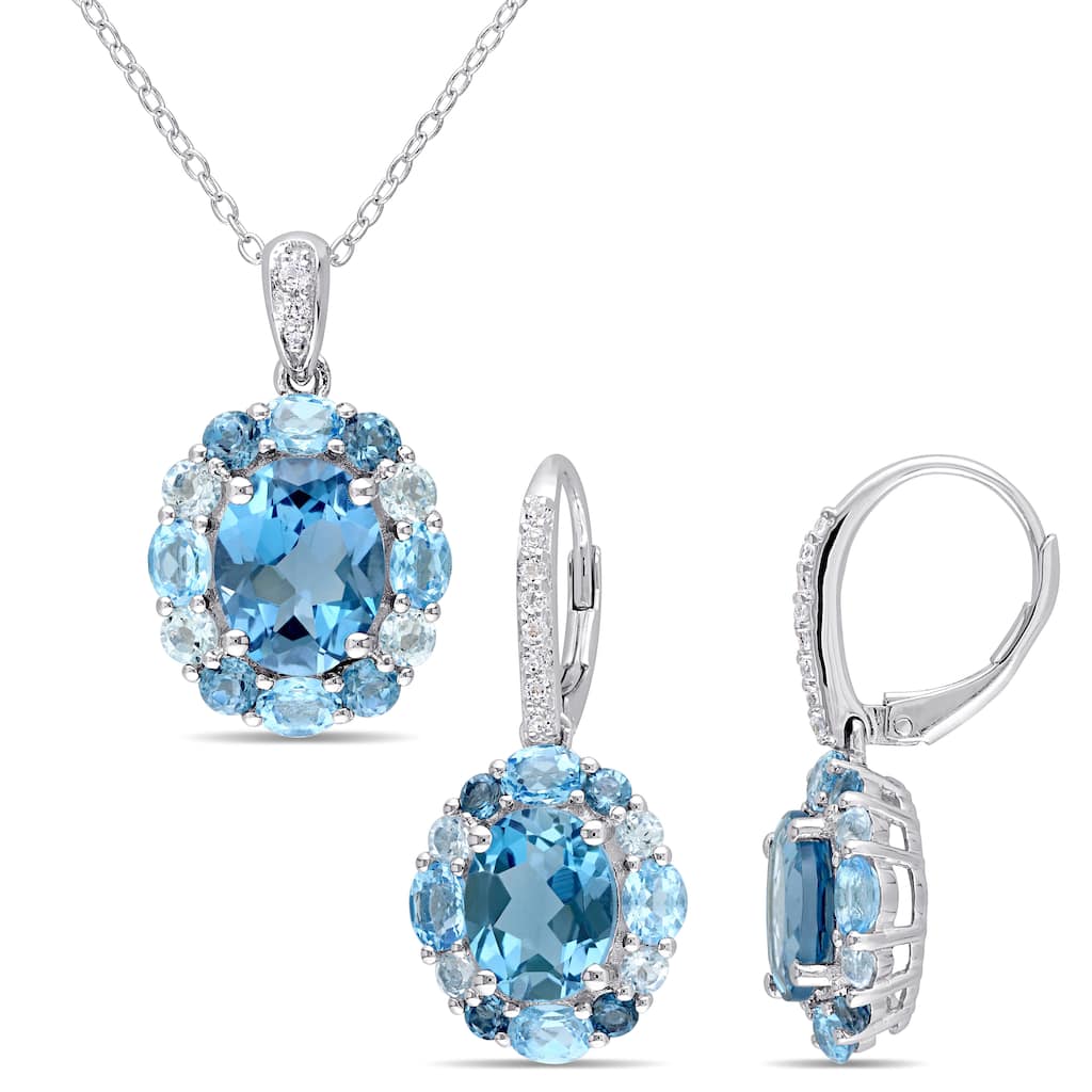 Miadora Sterling Silver London Swiss and Sky-Blue Topaz with White Topaz Cluster Halo Necklace and Earrings Set - Blue