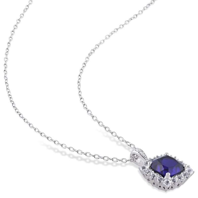 Miadora Sterling Silver Created Blue Sapphire Created White Sapphire and Diamond Square Halo Necklace and Earrings Set