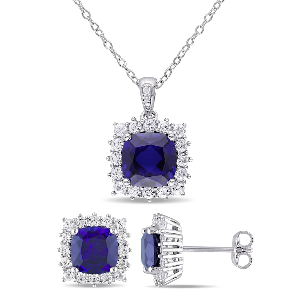 Miadora Sterling Silver Created Blue Sapphire Created White Sapphire and Diamond Square Halo Necklace and Earrings Set