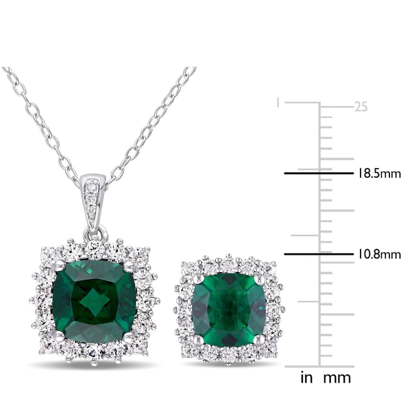 Miadora Sterling Silver Created Emerald Created White Sapphire and Diamond Square Halo Necklace and Stud Earrings Set - Green