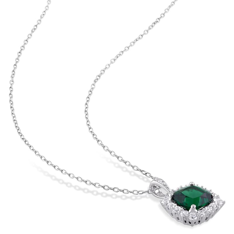Miadora Sterling Silver Created Emerald Created White Sapphire and Diamond Square Halo Necklace and Stud Earrings Set - Green