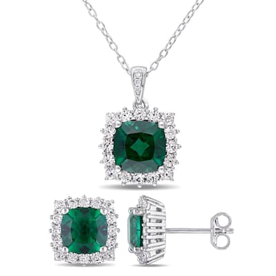 Miadora Sterling Silver Created Emerald Created White Sapphire and Diamond Square Halo Necklace and Stud Earrings Set - Green