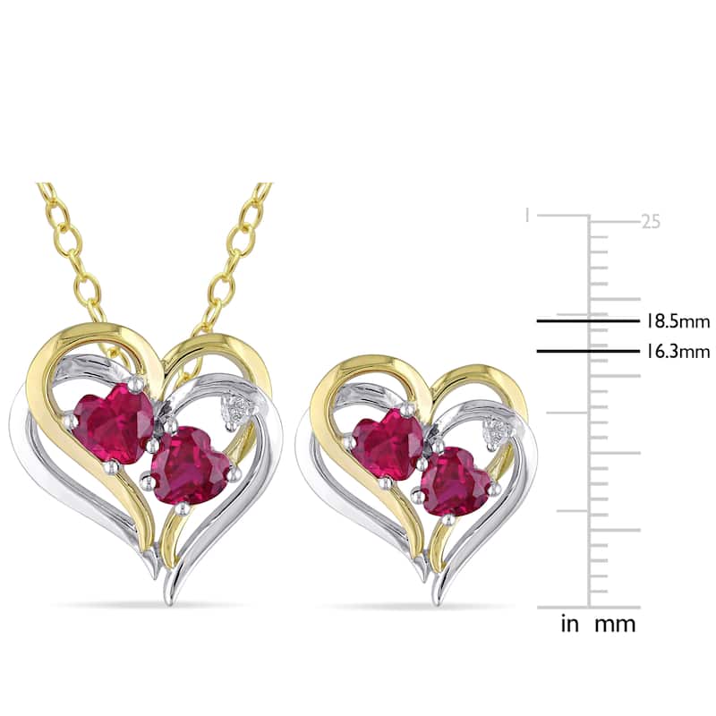 Miadora 2-Tone White and Yellow Plated Sterling Silver Created Ruby and Diamond Heart Necklace and Stud Earrings Set - Pink