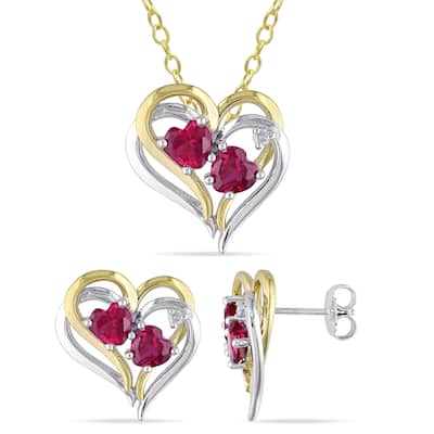 Miadora 2-Tone White and Yellow Plated Sterling Silver Created Ruby and Diamond Heart Necklace and Stud Earrings Set - Pink