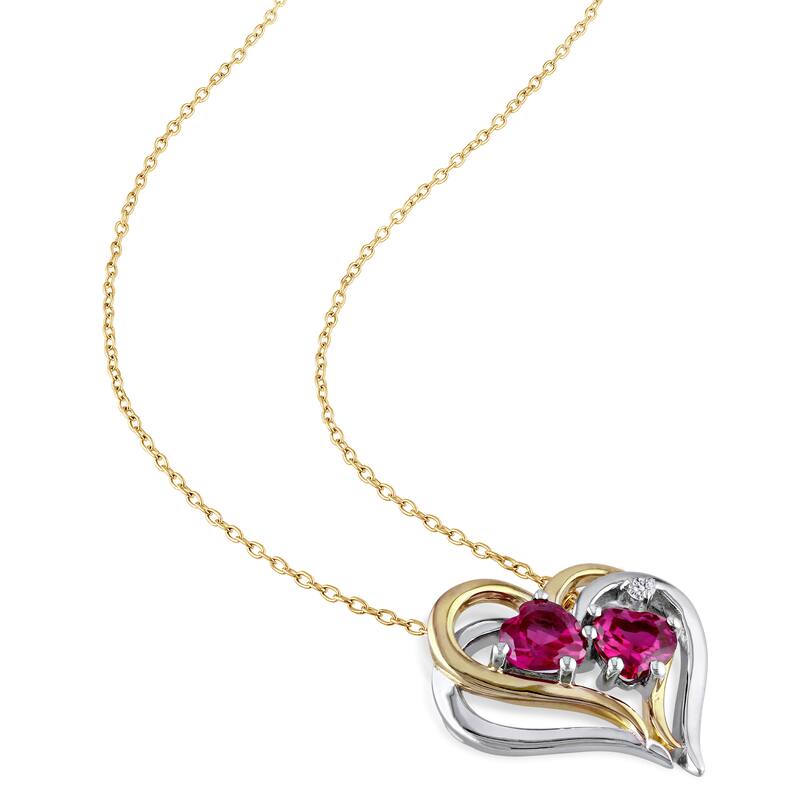 Miadora 2-Tone White and Yellow Plated Sterling Silver Created Ruby and Diamond Heart Necklace and Stud Earrings Set - Pink