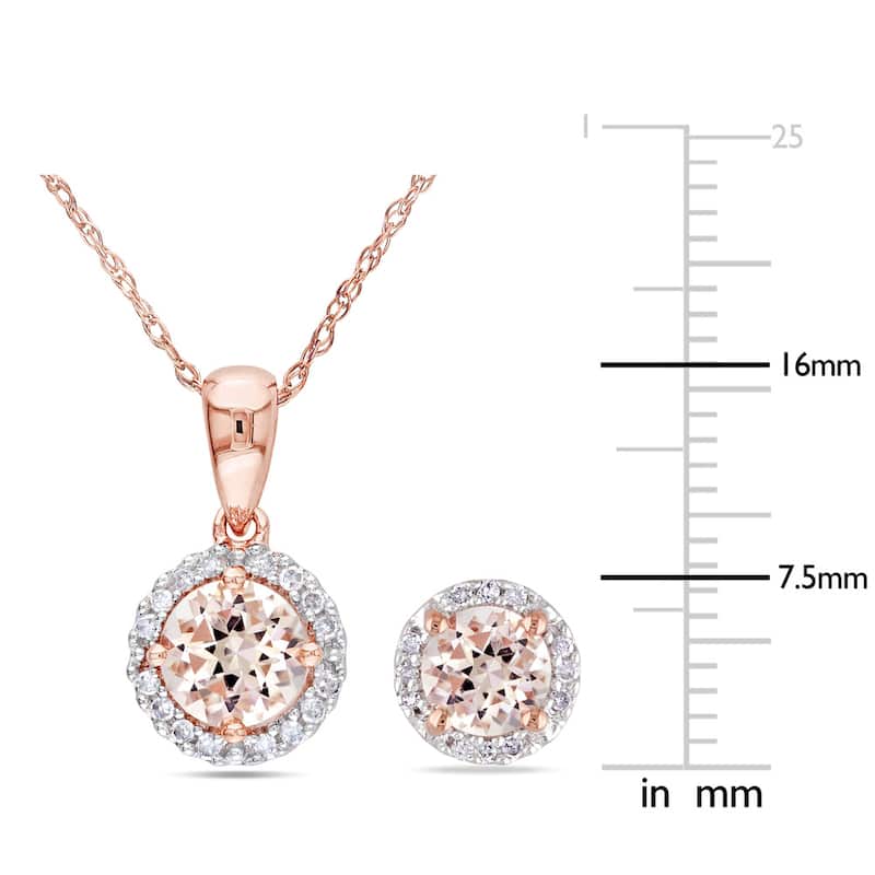 Miadora Signature Collection 10k Rose Gold Morganite and 1/6ct TDW Diamond Halo 2-Piece Necklace and Stud Earrings Set - Pink
