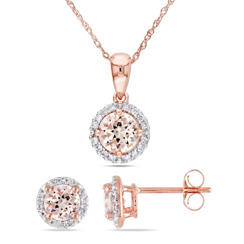 Miadora Signature Collection 10k Rose Gold Morganite and 1/6ct TDW Diamond Halo 2-Piece Necklace and Stud Earrings Set - Pink