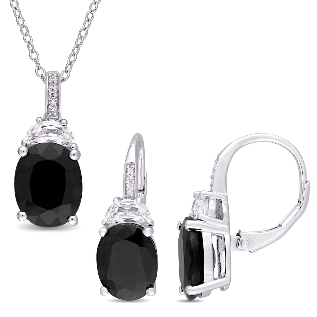 Miadora Sterling Silver Black Sapphire Created White Sapphire and Diamond Accent 2-Piece Necklace and Earrings Set