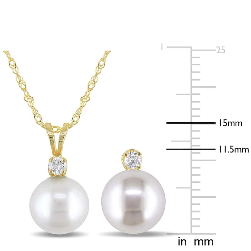 Miadora 14k Yellow Gold Cultured Freshwater Pearl and 1/7ct TDW Diamond 2-Piece Necklace and Stud Earrings Set (8-9 mm) - White
