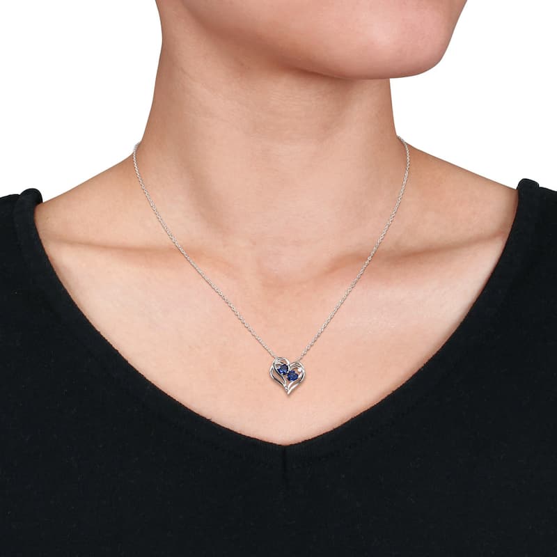 Miadora Sterling Silver Heart-Cut Created Sapphire and Diamond Accent Curvy Heart Birthstone Necklace and Earrings Set - Blue