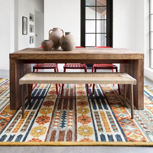 Hand-hooked Rust/ Blue Boho Wool Area Rug with Fringe - 9'3" x 13'