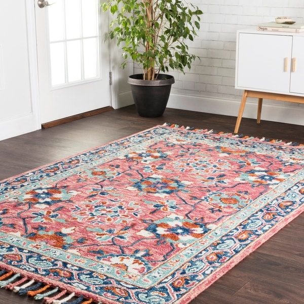 Hand Hooked Pink Blue Fl Wool Area Rug With Fringe 9 3 X Hand Hooked Pink Blue Fl Wool Area Rug With Fringe 9 X27
