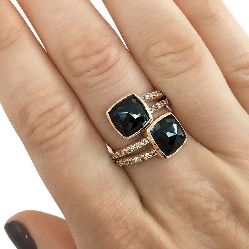 Kobelli 5.62 Carat Black & Champagne Diamond 18k Solid Rose Gold Split Shank Wrap Over Toi et Moi Ring