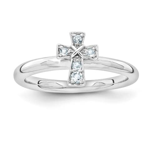 Sterling Silver Stackable Rhodium-plated Aquamarine Cross Ring by Versil