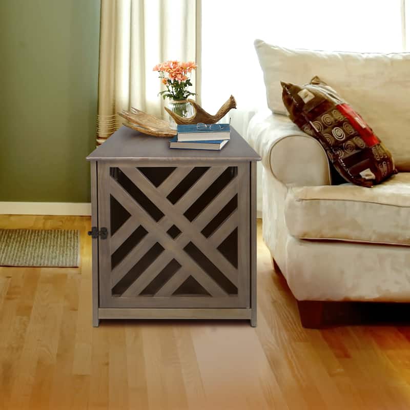 The Gray Barn Haney-Jardine Lattice Grey Wooden Pet Crate/ End Table