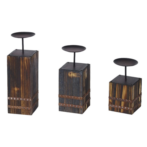 HiEnd Accents Wood And Metal Candleholders Set Of 3