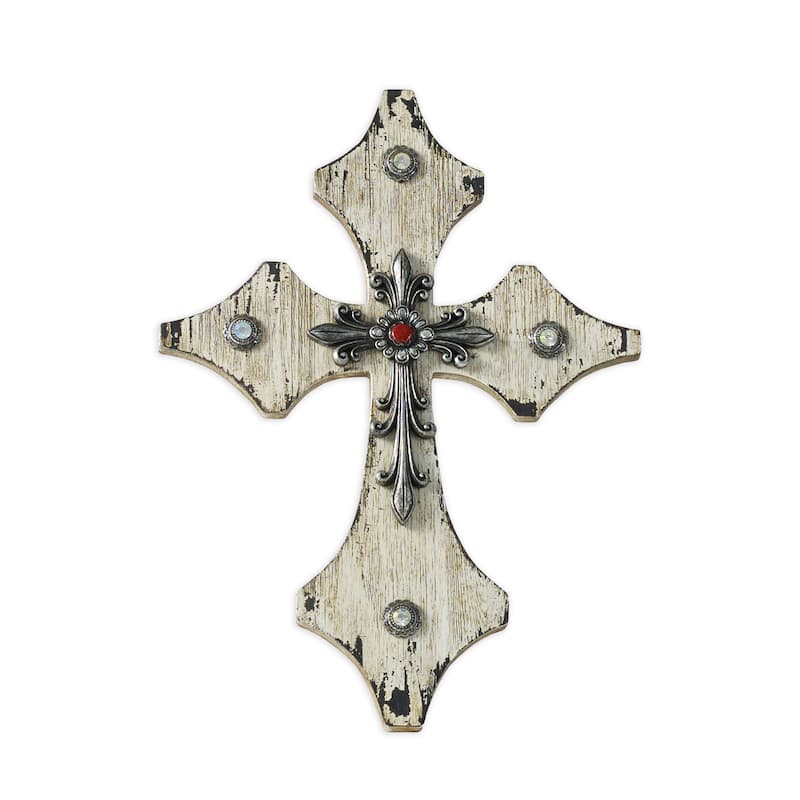 HiEnd Accents Cream Wood Cross W/Silver And Red Accents
