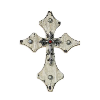 HiEnd Accents Cream Wood Cross W/Silver And Red Accents