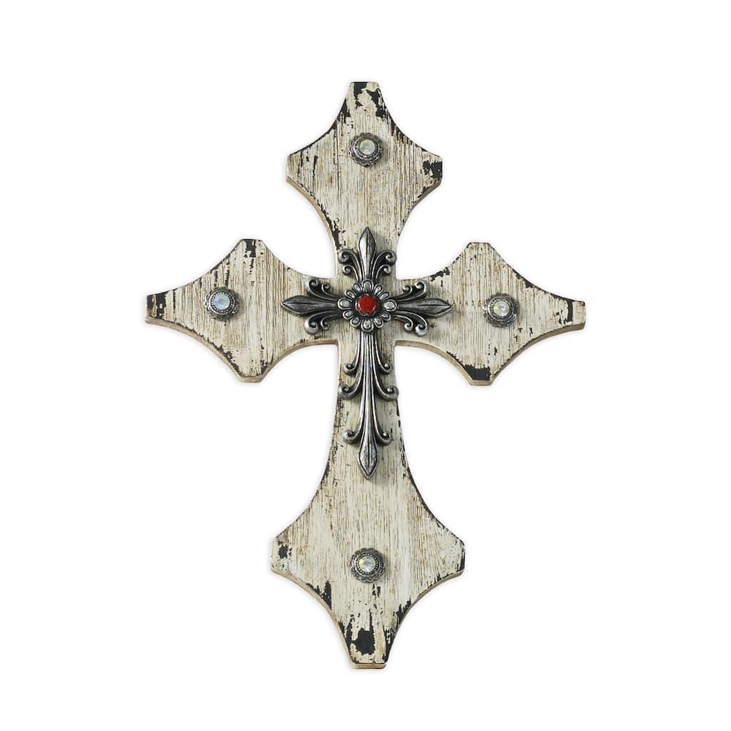 HiEnd Accents Cream Wood Cross W/Silver And Red Accents
