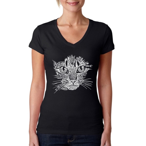 Los Angeles Pop Art Women's V-Neck Cat Face T-Shirt. Opens flyout.