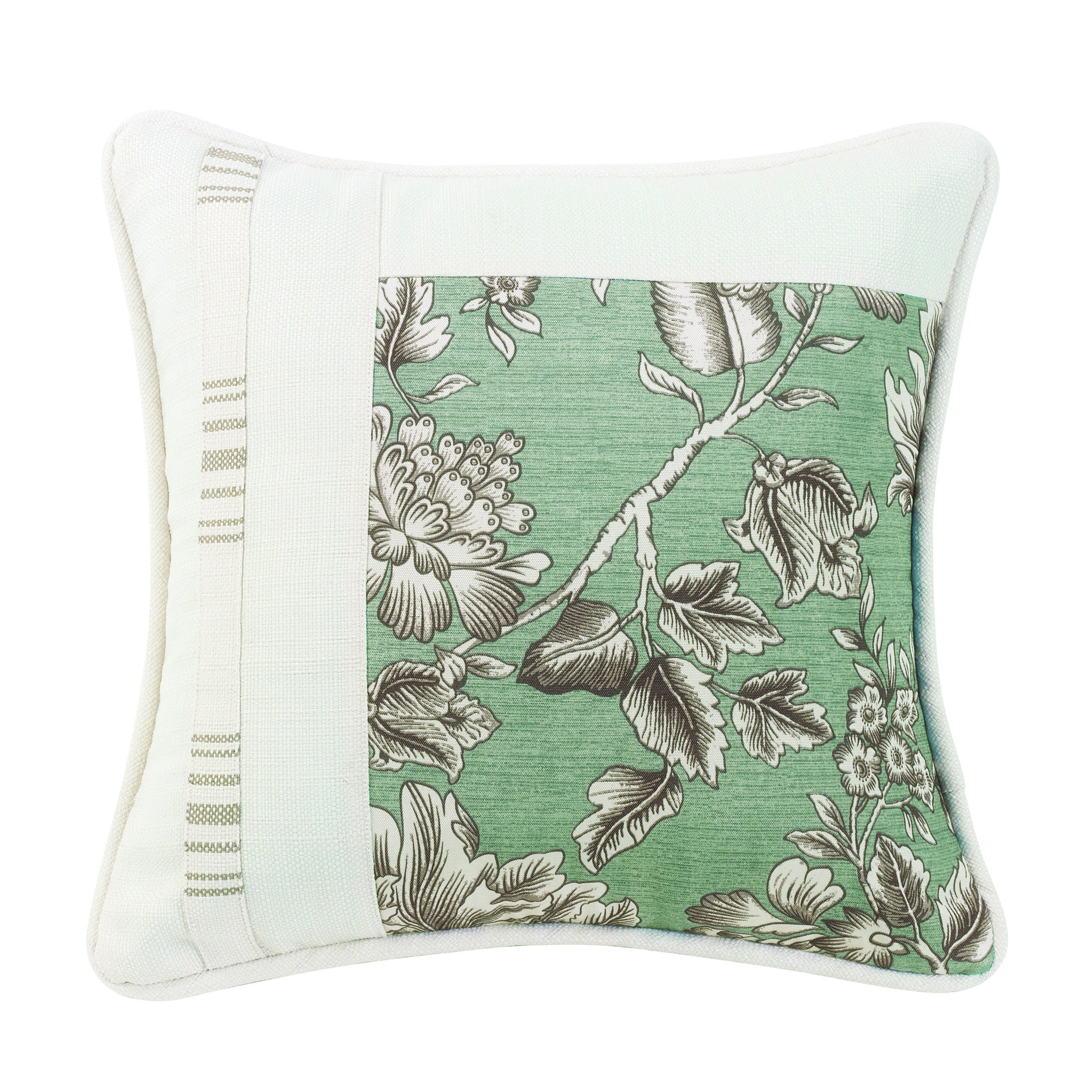 HiEnd Accents Green 18 x 18-inch Pieced Throw Pillow with Floral Stripe and White Linen Texture