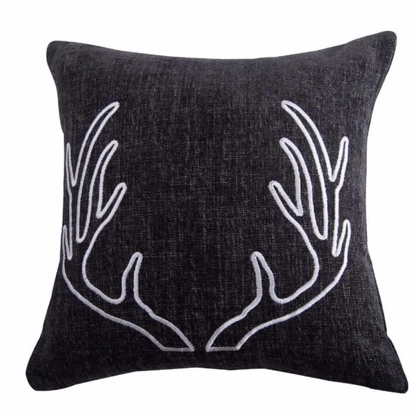 HiEnd Accents Grey Chenille DecoThrow Pillow With Embroidery White Antlers 18X18